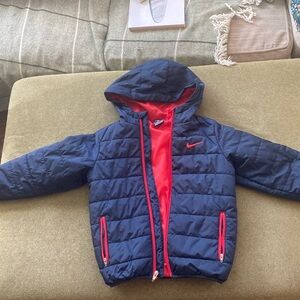 Nike Boys Navy Red Winter Coat Puffer Jacket Large L 7 Pockets Zip Up Hood 💙❤️